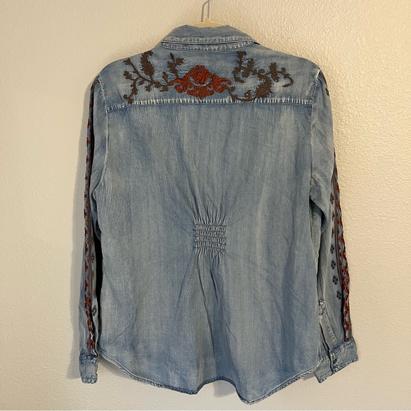 Tasha Polizzi Embroidered Chambray Boho Western Button Down Blouse - Picture 3 of 9